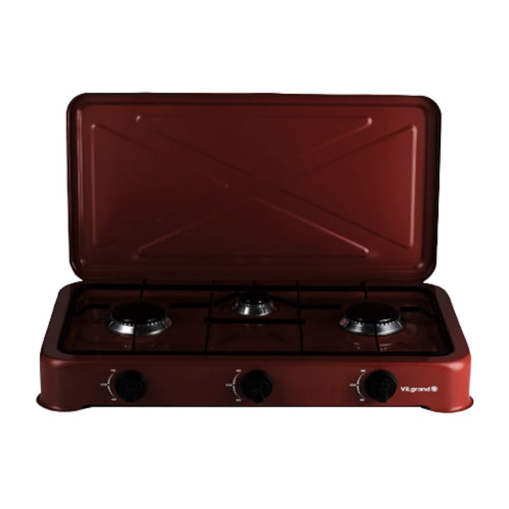 Pachet Aragaz Cu 3 Ochiuri, Utilizare GPL Butelie 0.9Kw, 1.6Kw, 2.3KwCeas Butelie, 2m Furtun, 2Coliere,2 Garnituri, Maro