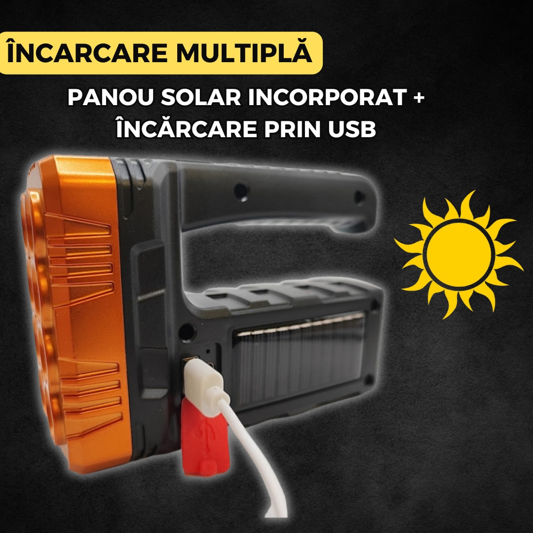 Lampa atelier 3 in 1 cu panou solar, lanterna LED frontala si laterala, functie powerbank, reincarcabila USB, 8 LED XPE + 27 COB, IP44