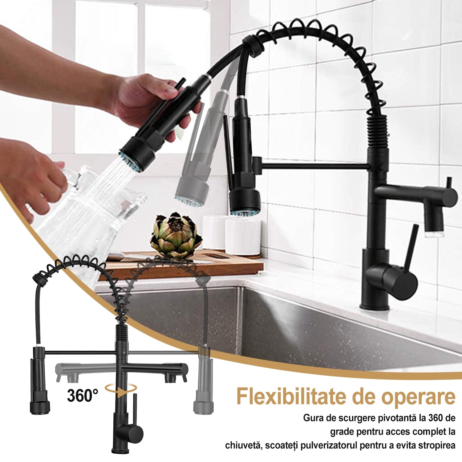 Baterie chiuveta bucatarie, YANX, Monocomanda, 360 de grade, Otel inoxidabil, Pipa Suplimentara, cartus ceramic, accesibila, 2 x Pipa flexibila, Negru