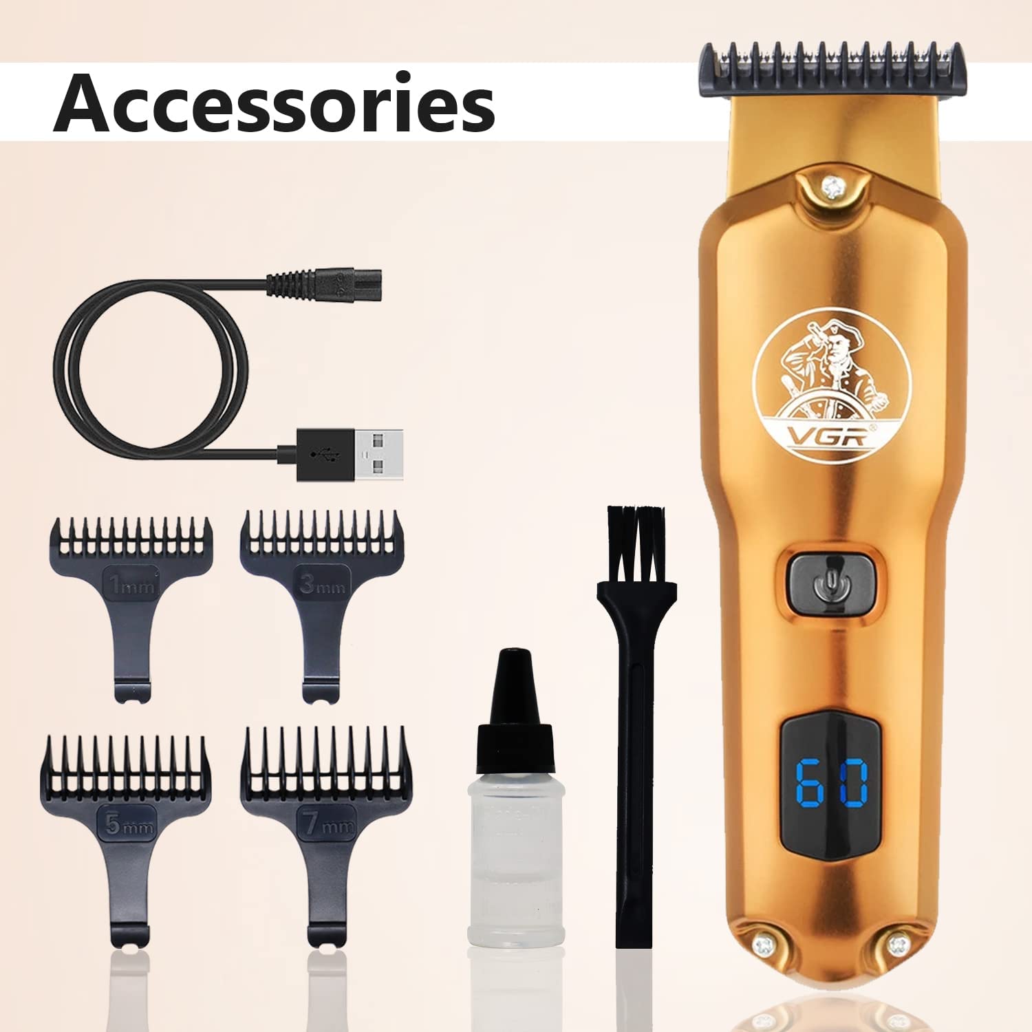 Masina profesionala de tuns VGR V927, USB, Display LCD, 4 capete interschimbabile, aurie, 600mAH