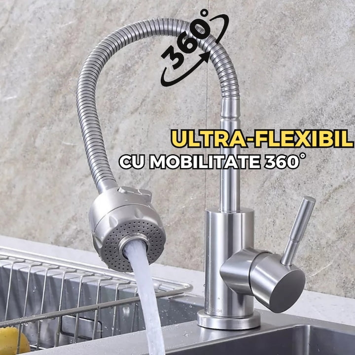 Baterie bucatarie ITALOMIX premium, pipa flexibila 360°, inox SUS304, finisaj satinat, jet reglabil, cartus ceramic, design modern si durabil,1250 g