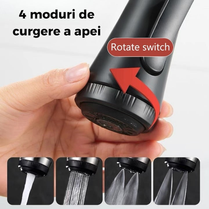 Baterie de Bucatarie cu Dus Extractibil, Finisaj Negru Mat, Rotire 360° si Design Modern Arcuit