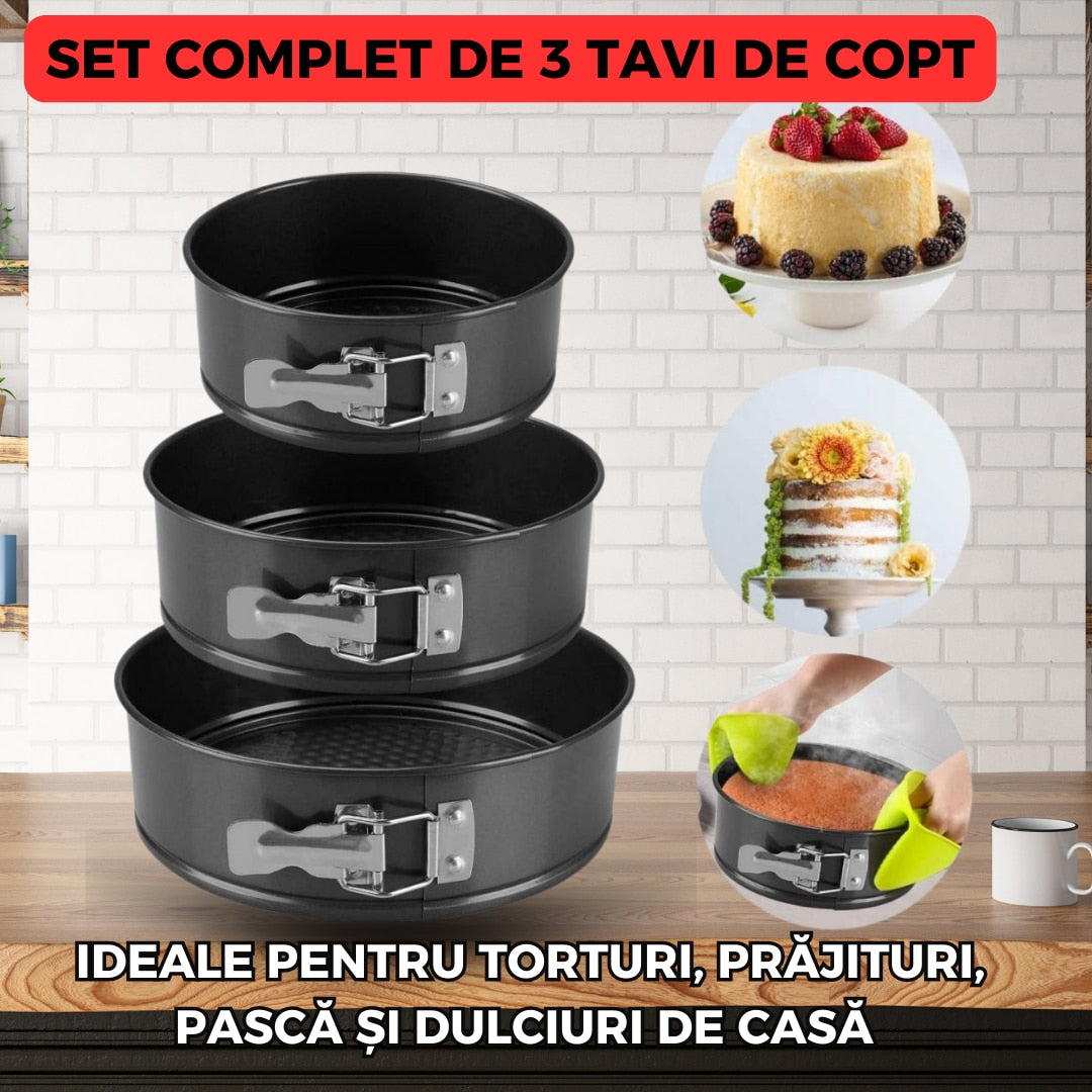 Set 3 forme pasca, tort, prajituri cu baza detasabila, 24, 26 si 28 cm, 3 L / 3.5L / 4, forma rotunda, negru