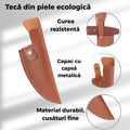 Cutit profesional outdoor cu maner din lemn si teaca din piele lama curbata din otel carbon, ideal pentru camping, vanatoare, bucatarie rustica