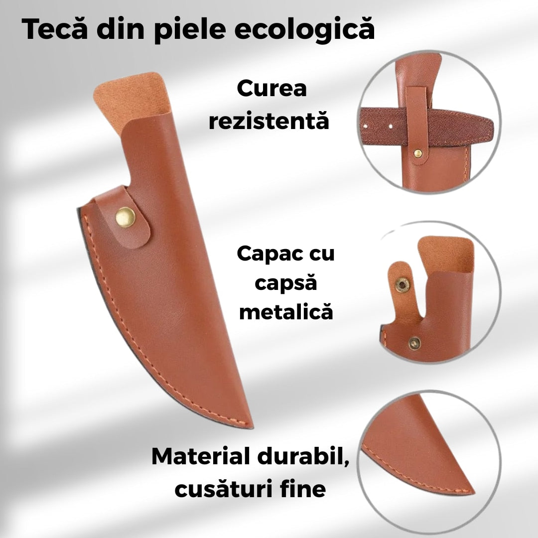 Cutit profesional outdoor cu maner din lemn si teaca din piele lama curbata din otel carbon, ideal pentru camping, vanatoare, bucatarie rustica