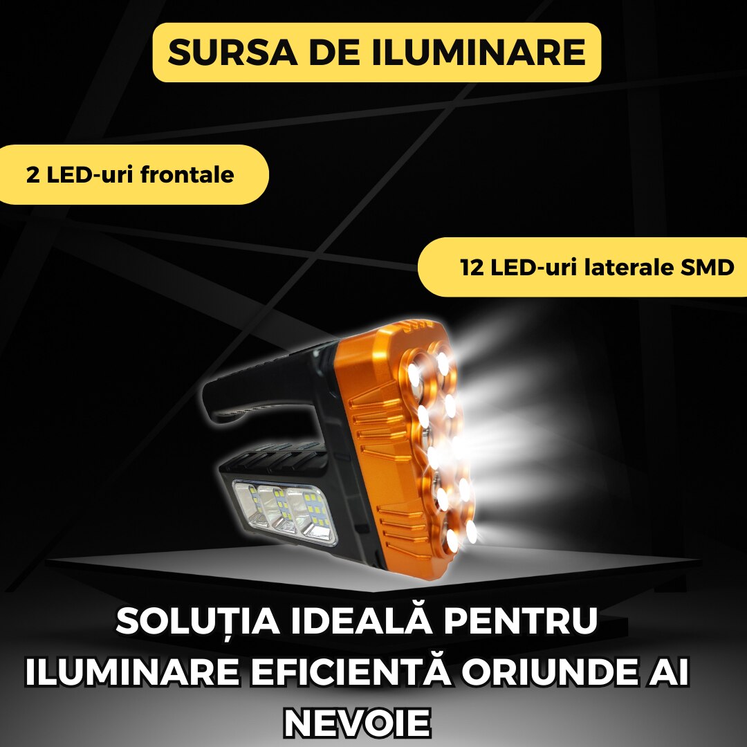 Lampa atelier 3 in 1 cu panou solar, lanterna LED frontala si laterala, functie powerbank, reincarcabila USB, 8 LED XPE + 27 COB, IP44