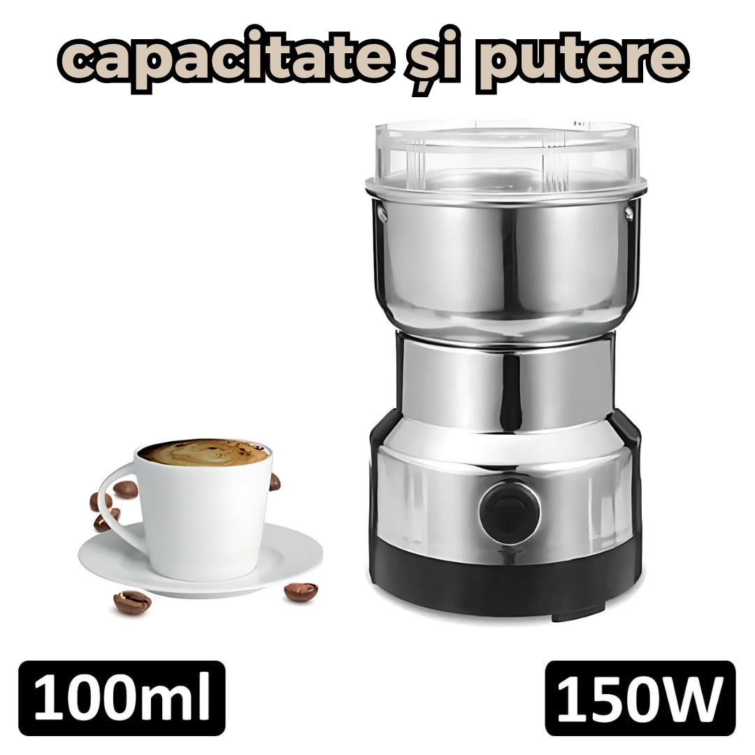 Rasnita electrica din inox 150W pentru cafea boabe, condimente si cereale cu lame ascutite si recipient 100 ml, usor de curatat
