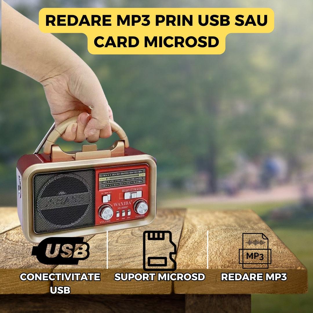 Radio portabil multifunctional XB-899 cu bluetooth, mp3, panou solar, lanterna integrata si suport telefon, 17.5 x 12 x 10 cm, rosu
