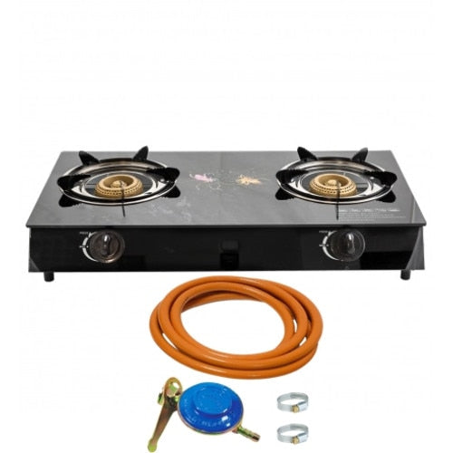 Aragaz din sticla securizata, 2 ochiuri, aprindere pe quartz + Kit reglabil GPL RH-10 + Tub flex 2M