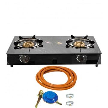 Aragaz din sticla securizata, 2 ochiuri, aprindere pe quartz + Kit reglabil GPL RH-10 + Tub flex 2M