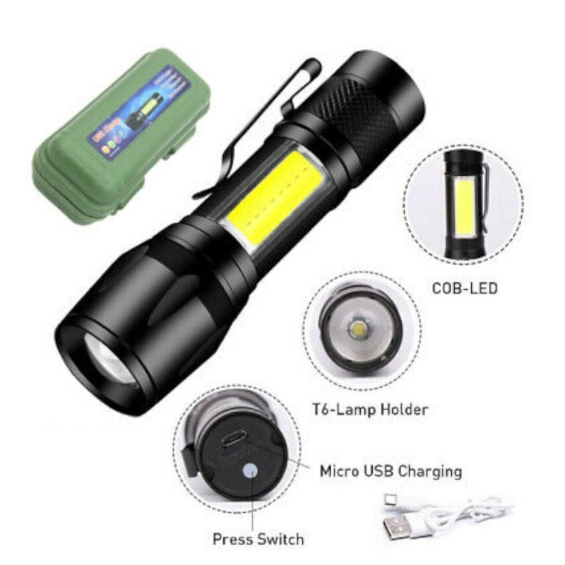 Lanterna reincarcabila 2 in 1, neagra, 3 moduri de iluminare