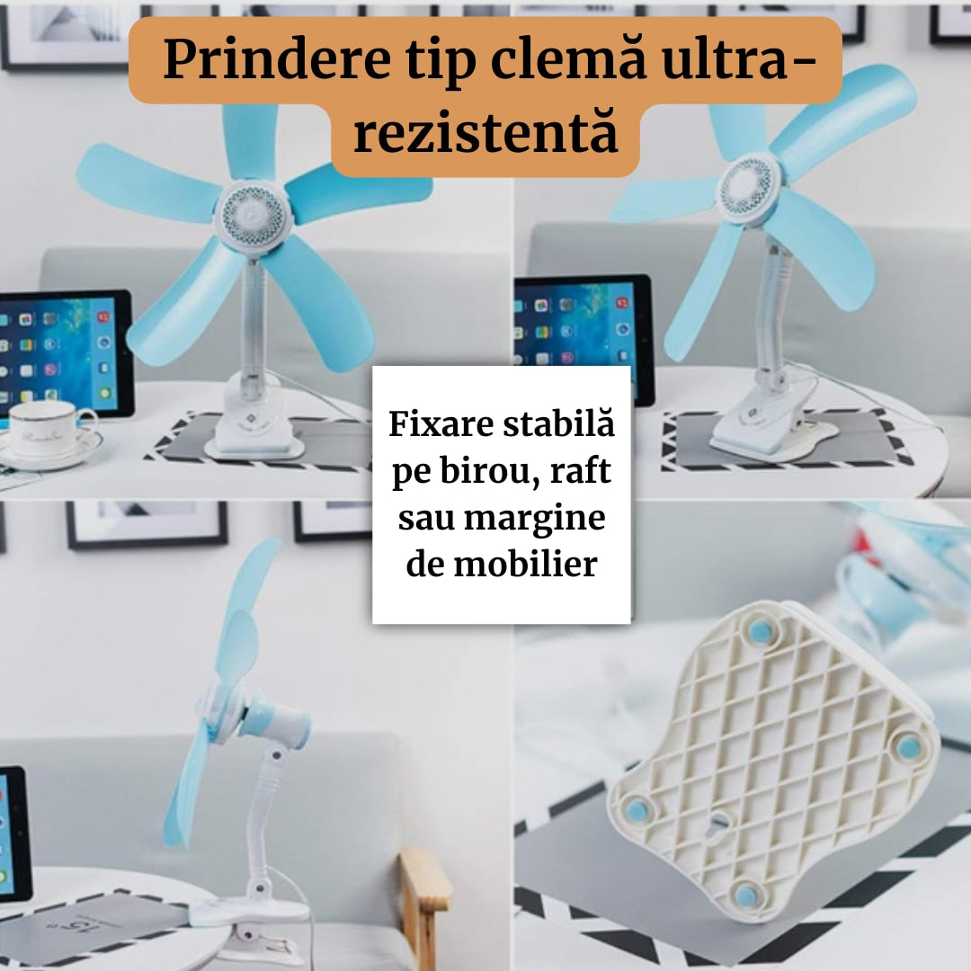 Ventilator Electric de Masa cu 5 Pale Flexibile, Design Silentios, Ultra Usor si Portabil, Pentru Birou, Dormitor, Albastru