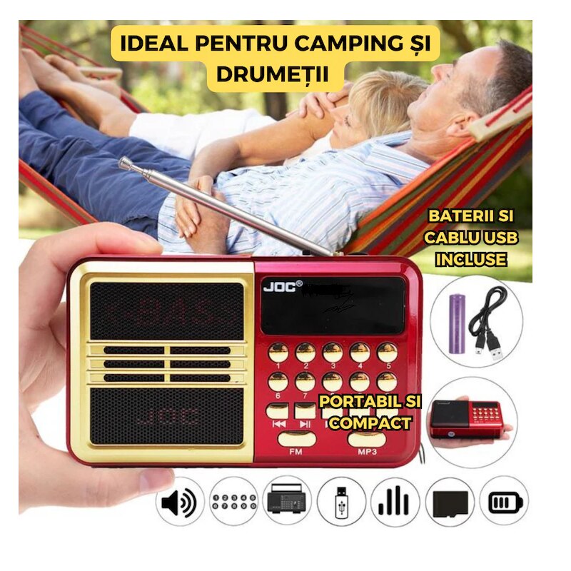 Radio portabil FM, MP3 portabil digital, cu ecran LCD, lanterna LED, USB, card SD, Mufa Jack, baterie reincarcabila, Conectivitate Bluetooth, Rosu