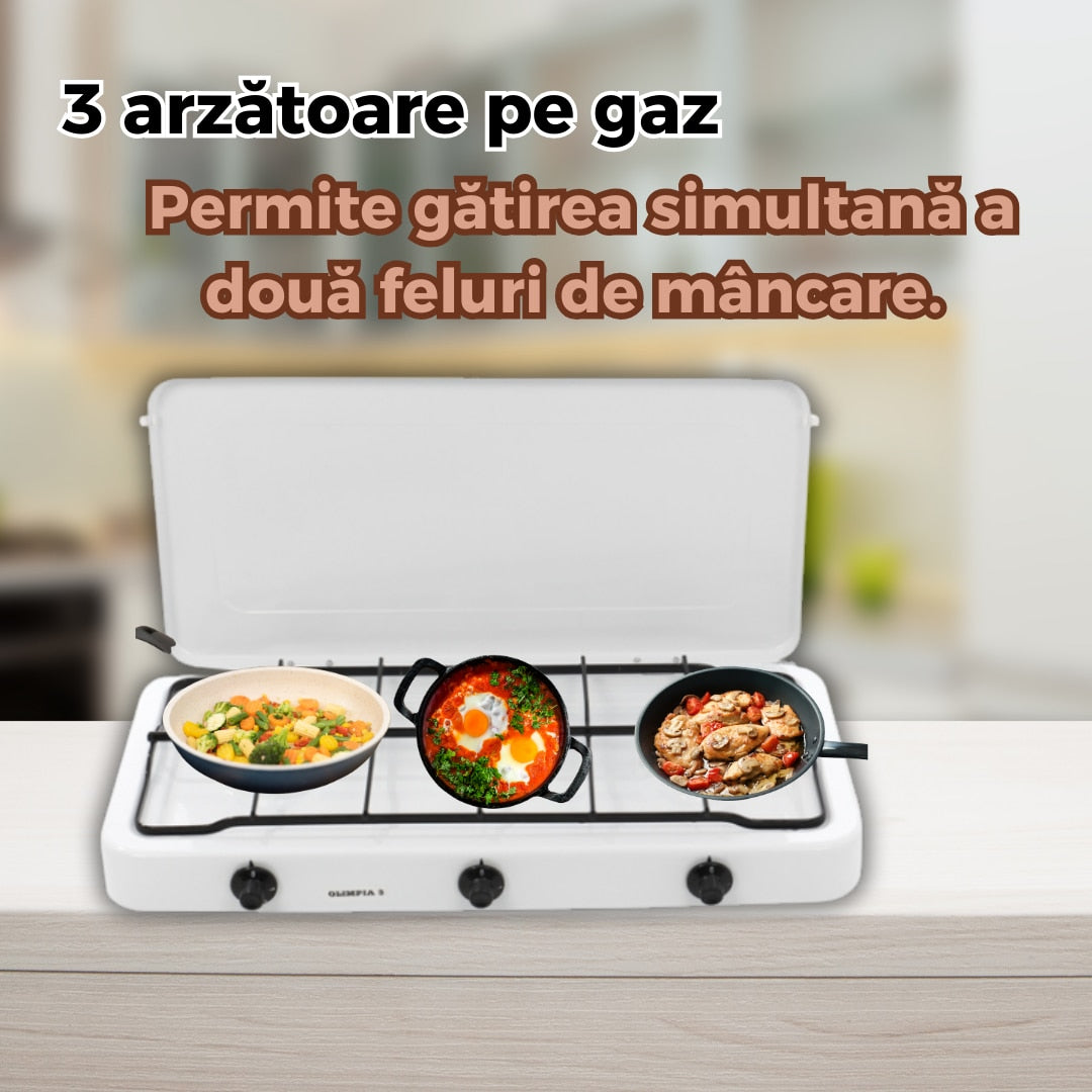 Aragaz portabil cu 3 ochiuri SGS 6003, capac metalic, kit complet conectare butelie si suport pentru ochi, ideal pentru camping sau gatit in aer liber