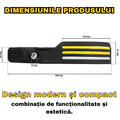Lanterna de Cap LED Reincarcabila, 3 benzi luminoase, 800lm, 8 Moduri, Senzor Miscare, USB-C, XPE + 3xCOB, Impermeabila IP44, Negru