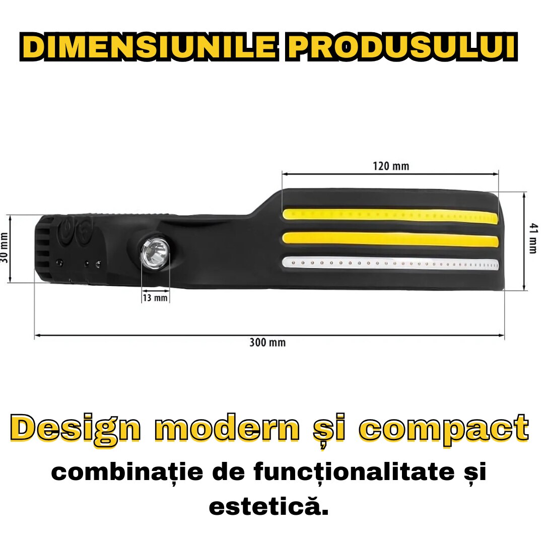 Lanterna de Cap LED Reincarcabila, 3 benzi luminoase, 800lm, 8 Moduri, Senzor Miscare, USB-C, XPE + 3xCOB, Impermeabila IP44, Negru