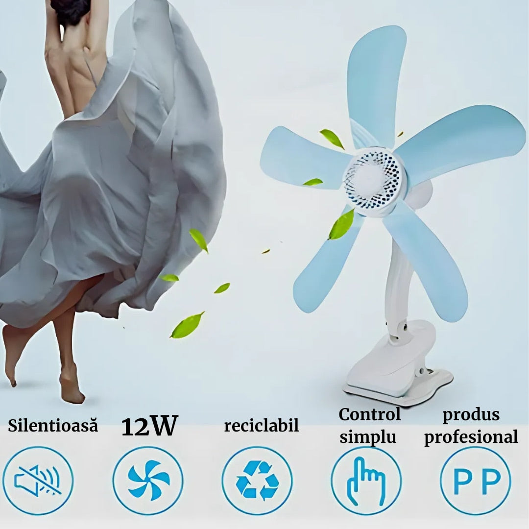 Ventilator Electric de Masa cu 5 Pale Flexibile, Design Silentios, Ultra Usor si Portabil, Pentru Birou, Dormitor, Albastru