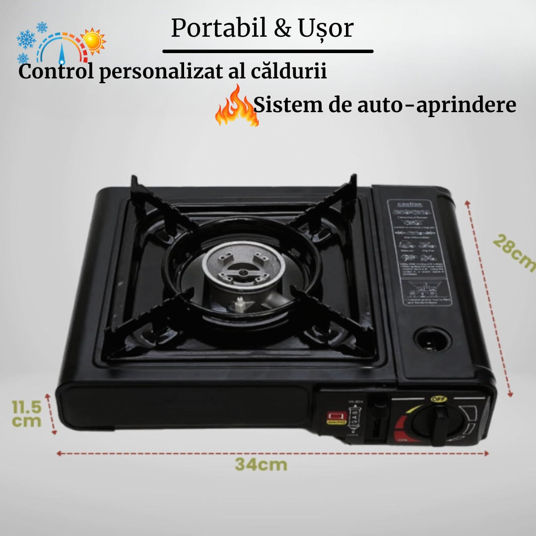 Aragaz Portabil Camping cu Valiza si 2 Cartuse Gaz Butan Gastech, Un Ochi, Aprindere Piezoelectrica, Putere 2.2 kW, Ideal pentru Drumetii, Gratar, Pescuit, Outdoor