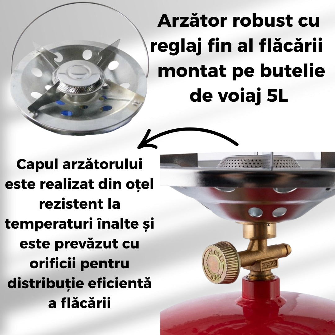 Butelie camping 5L cu arzator integrat solutie portabila cu alimentare GPL pentru gatit in aer liber, omologare