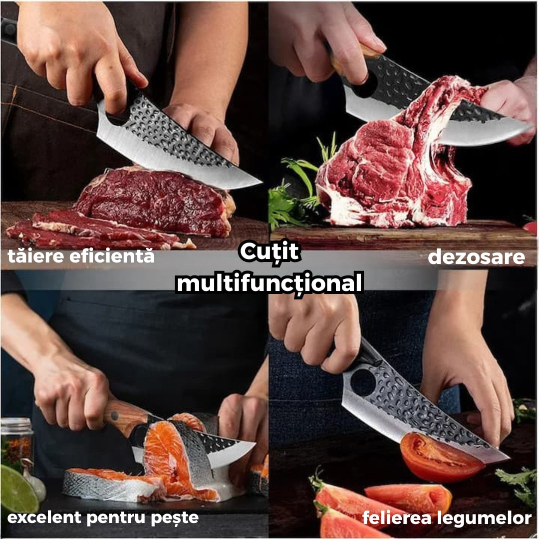 Cutit profesional outdoor cu maner din lemn si teaca din piele lama curbata din otel carbon, ideal pentru camping, vanatoare, bucatarie rustica