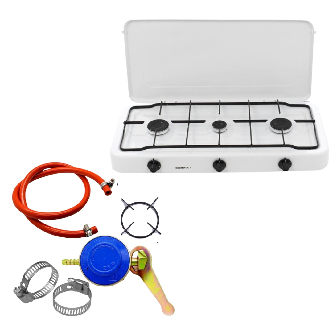 Aragaz portabil cu 3 ochiuri SGS 6003, capac metalic, kit complet conectare butelie si suport pentru ochi, ideal pentru camping sau gatit in aer liber