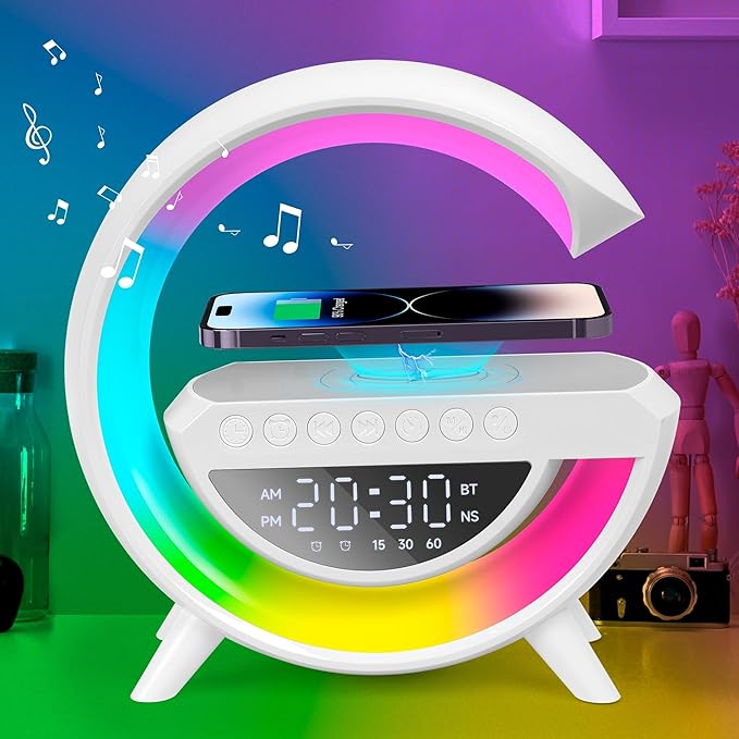 Lampa Smart LED si Incarcator Wireless 15W, Lumini Ambientale, Sincronizare muzicala, Difuzor 5W, Muzica Bluetooth, USB, FM Radio, MicroSD, AUX, Afisaj Ceas Digital, Alarma