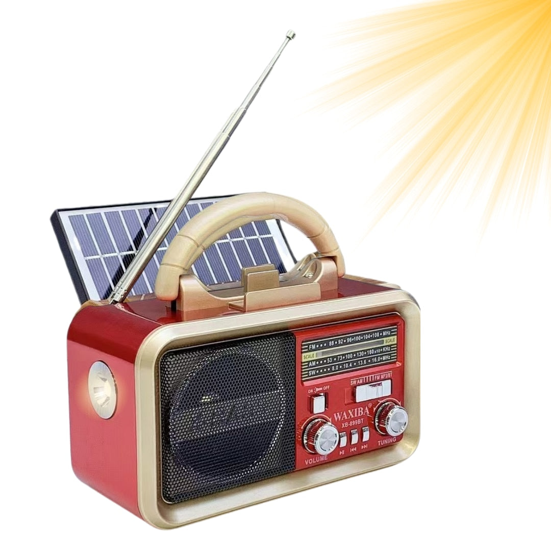 Radio portabil multifunctional XB-899 cu bluetooth, mp3, panou solar, lanterna integrata si suport telefon, 17.5 x 12 x 10 cm, rosu