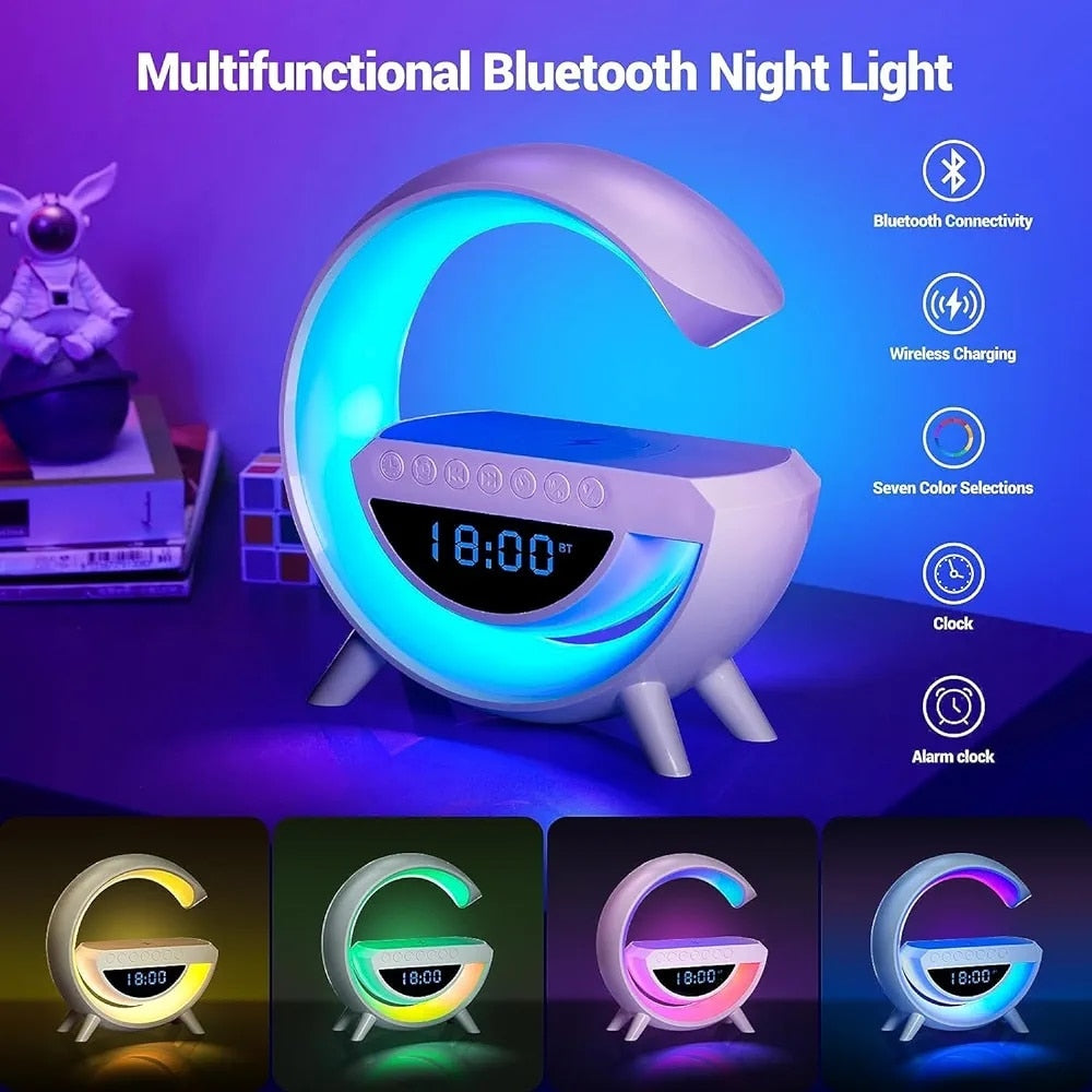 Lampa Smart LED si Incarcator Wireless 15W, Lumini Ambientale, Sincronizare muzicala, Difuzor 5W, Muzica Bluetooth, USB, FM Radio, MicroSD, AUX, Afisaj Ceas Digital, Alarma