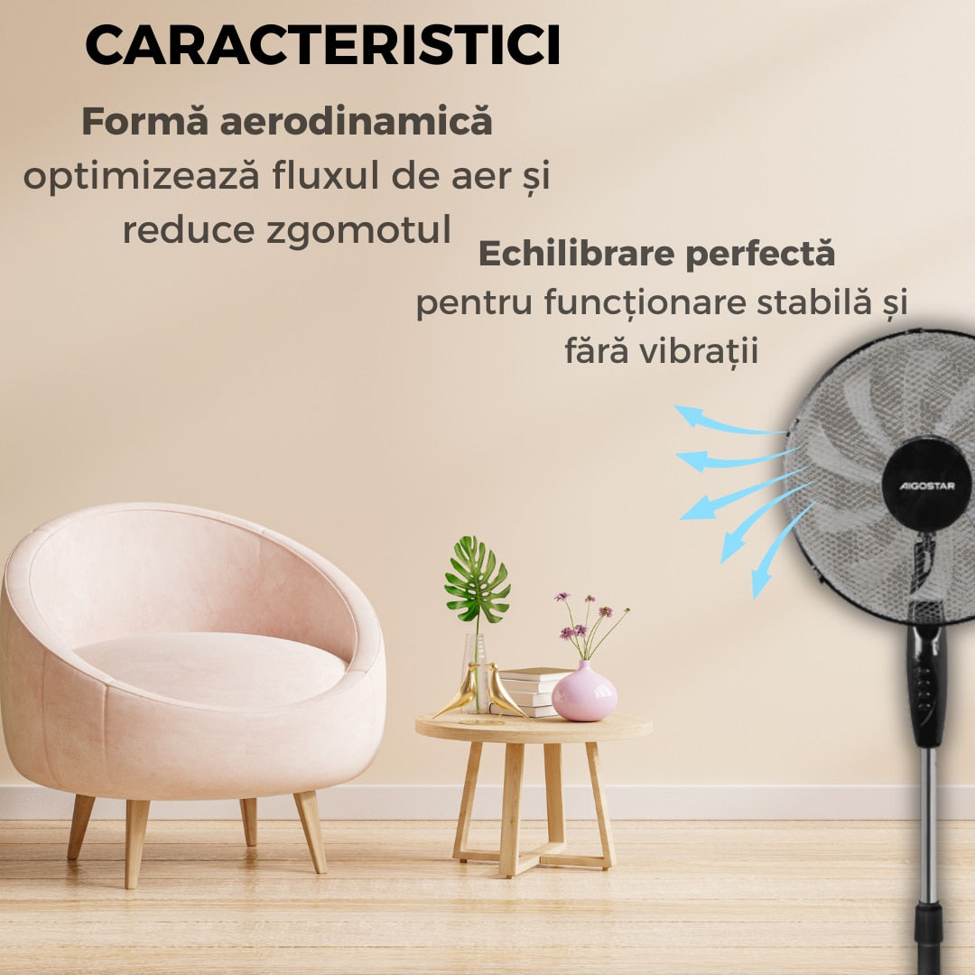 Ventilator Vertical cu Inaltime Reglabila 3 Trepte de Viteza, Design Modern, Silentios, Negru