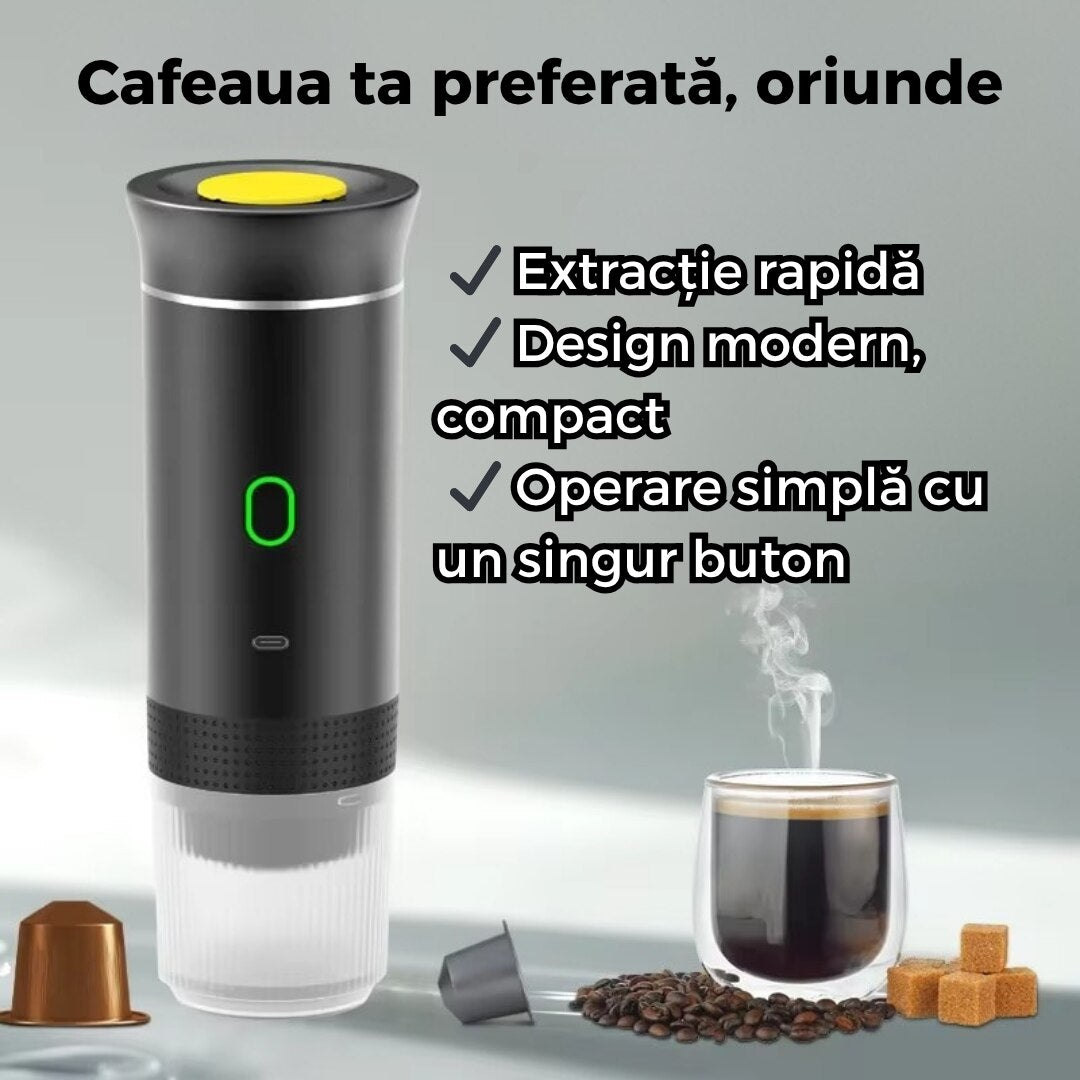 Espressor portabil wireless compatibil capsule mici, mari si cafea macinata incalzire automata si extractie rapida, ideal pentru calatorii si birou