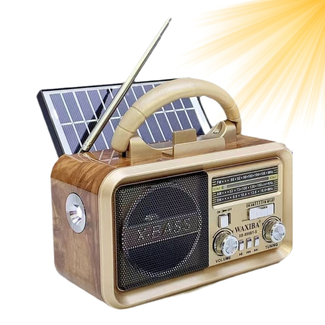 Radio portabil multifunctional XB-899 cu bluetooth, mp3, panou solar, lanterna integrata si suport telefon, 17.5 x 12 x 10 cm, Crem