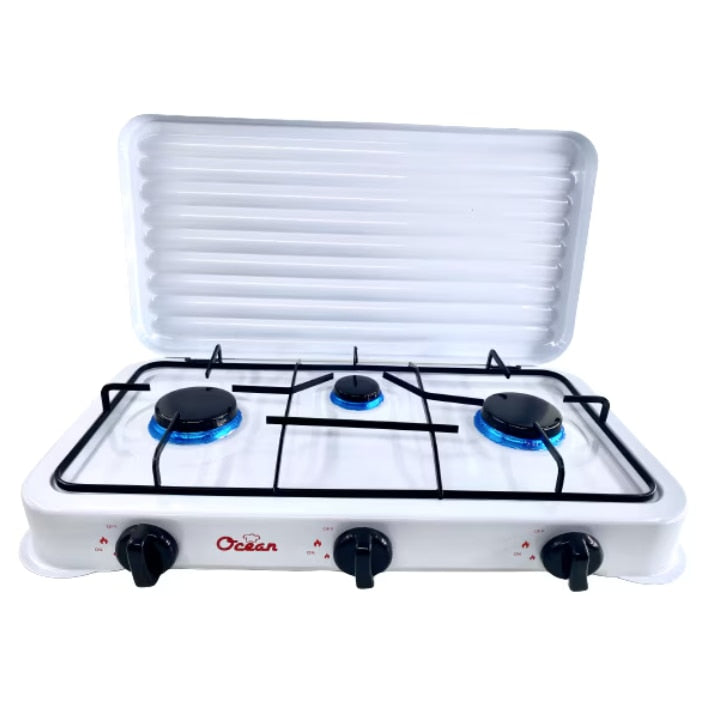  Aragaz portabil cu 3 ochiuri, model 2855 alimentare butelie ALB + Ceas regulator butelie gaz GPL, furtun 3 metri, 2 coliere otel