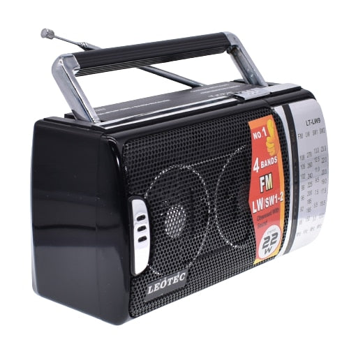Radio Portabil cu 4 benzi de receptie FM/LW/SW1/SW2, Alimentare 220V / baterii 3x1.5v R20 Leotec, Negru, LW9