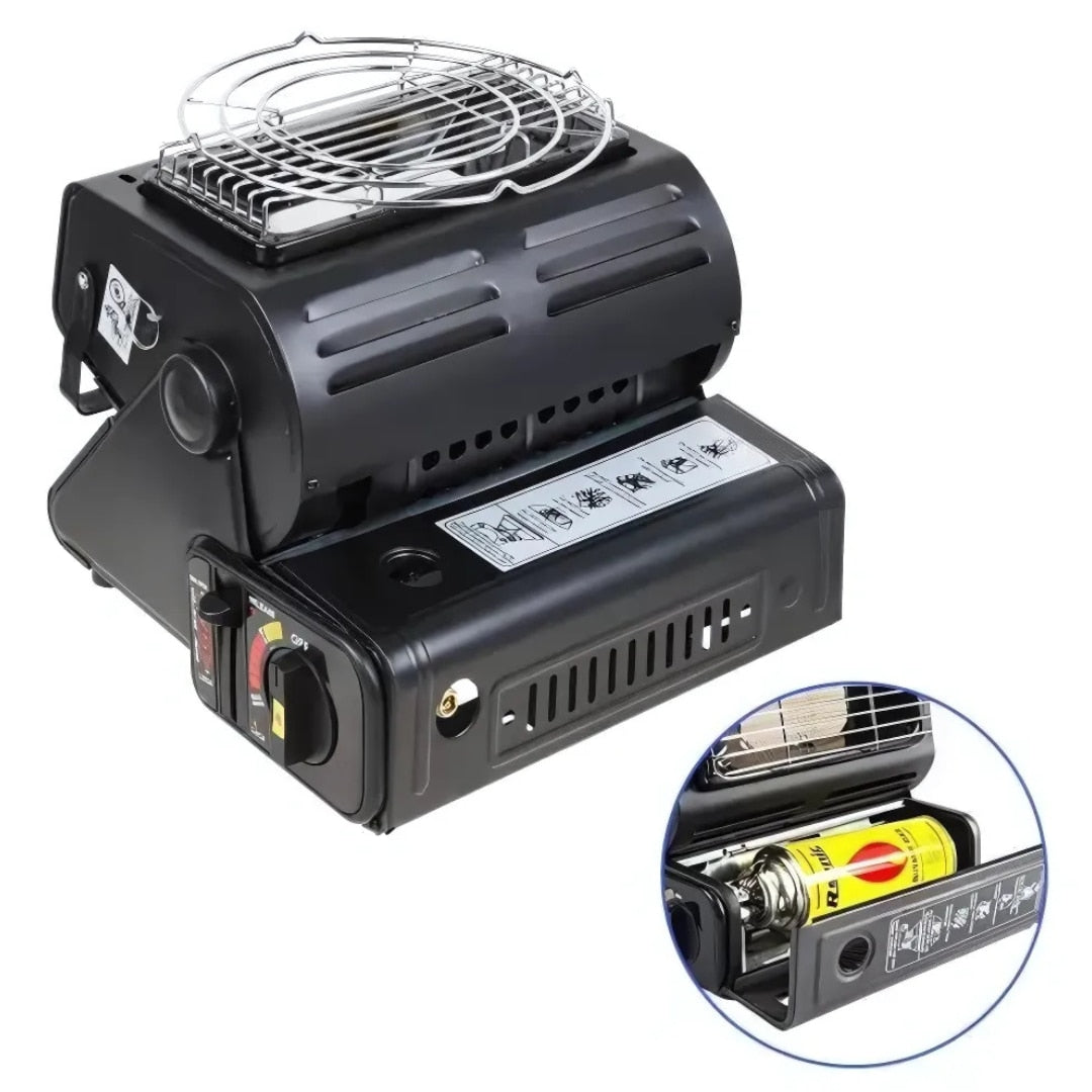 Incalzitor Portabil pe Gaz 2-in-1 cu Functie de Aragaz, Putere 1.5 kW, Aprindere Piezoelectrica, Compatibil cu Cartus Gaz Butan 220g, Ideal pentru Camping, Cort, Rulota, Pescuit, Negru
