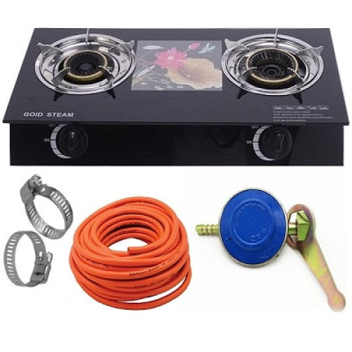 Aragaz plita sticla doua ochiuri, alimentare GPL, ceas butelie, 2m furtun si 2 coliere, 70x37x9 cm