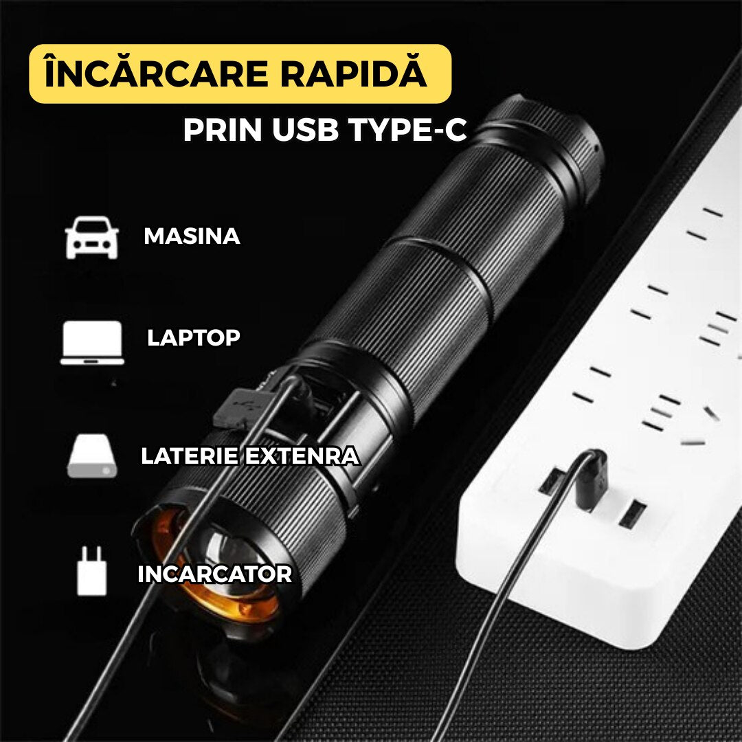 Lanterna LED profesionala, 300W, 7 moduri de iluminare, zoom telescopic, acumulator, incarcare USB, IP65