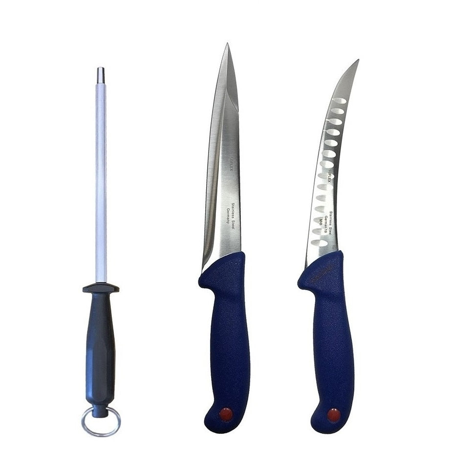 Set cutite profesionale de macelarie, transat, injunghiat, filetat, dezosat, 2 cutite, masat pentru ascutit, DBD084