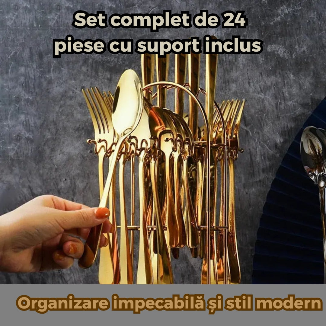 Set tacamuri aurii 24 piese din inox cu suport vertical si cutie eleganta finisaj mat, design modern pentru 6 persoane