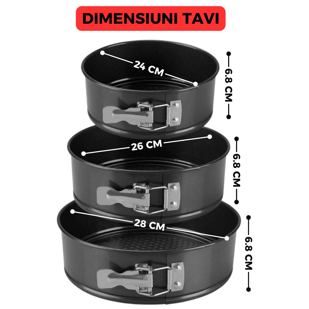 Set 3 forme pasca, tort, prajituri cu baza detasabila, 24, 26 si 28 cm, 3 L / 3.5L / 4, forma rotunda, negru