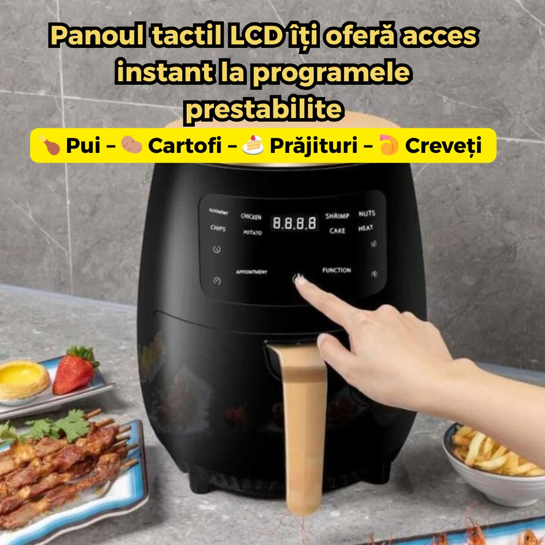 Friteuza cu aer cald 6L digitala cu panou tactil si programe presetate gatit fara ulei, cos antiaderent si control LCD